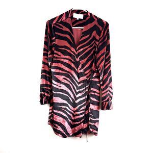 Michelle Mason Dress Womens 4 Pink Black Velvet Zebra Wrap Mini Long Sleeve